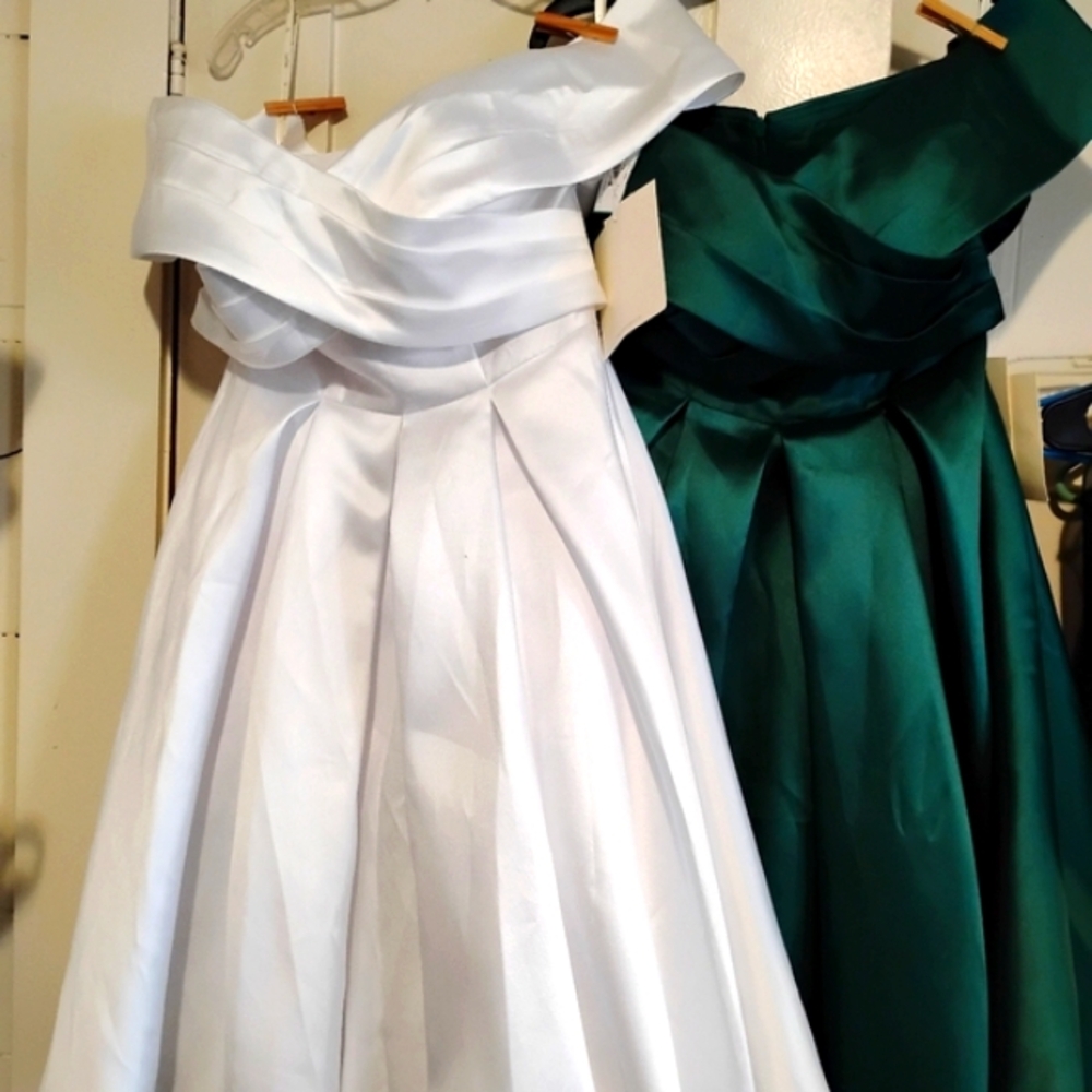 Off Shoulder Satin Fit & Flair Tea Length Bride Bridesmaid Dresses. NWT